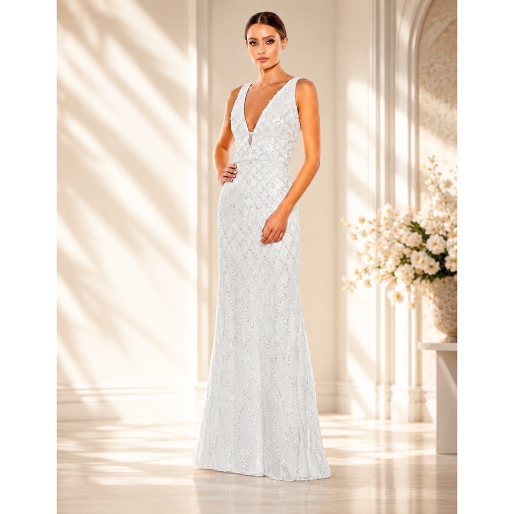 MacDuggal White Sequin Column Gown Bridal Formal Wedding Prom Event Dress 12 NWT